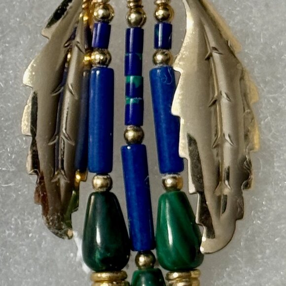 Tabra Tunoa Vintage Earrings - Malachite, Lapis Lazuli, and Gold-filled Leafs - Picture 5 of 6